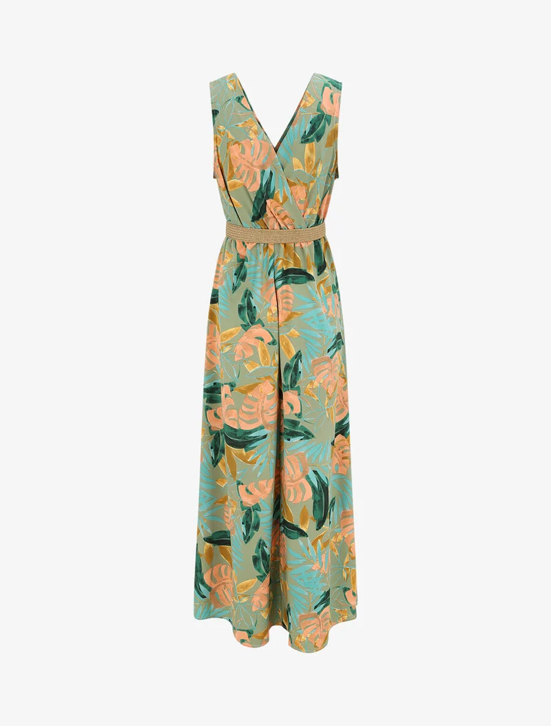 Robe longue empire sans manches imprimé tropical - Vert olive