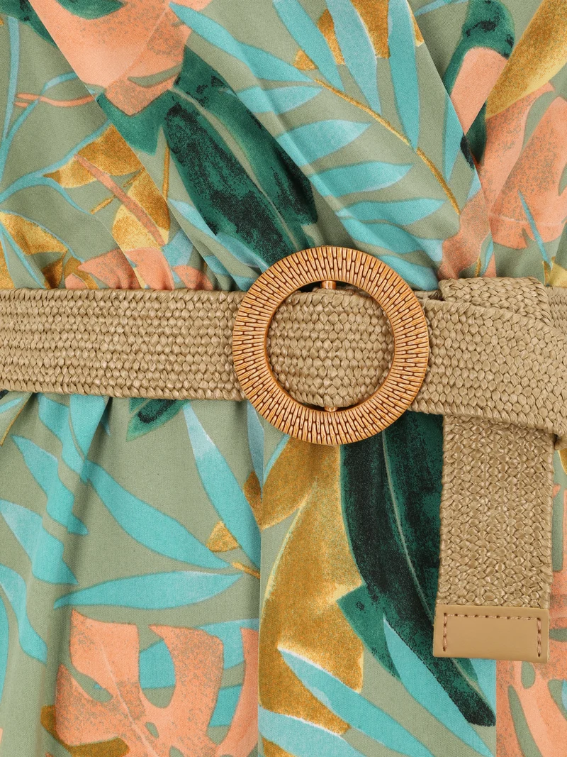 Robe longue empire sans manches imprimé tropical - Vert olive