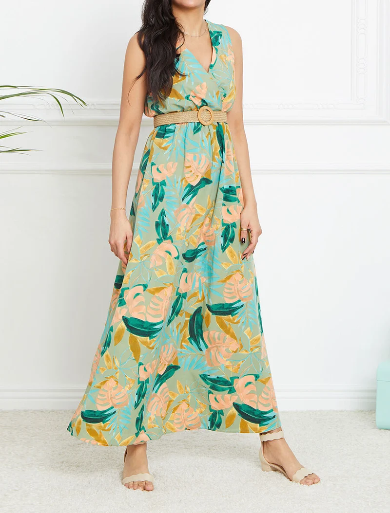 Robe longue empire sans manches imprimé tropical - Vert olive