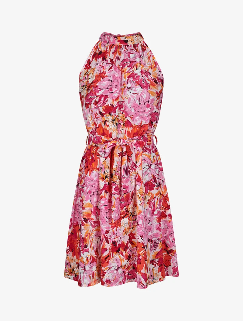 Robe cintrée imprimé grandes fleurs à col américain - Rose