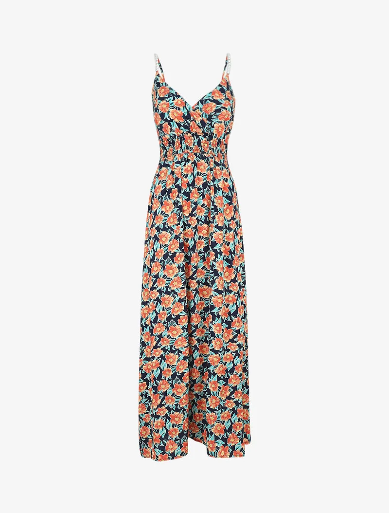 Robe longue empire imprimé fleurs tropicales à bretelles à perles - Marine