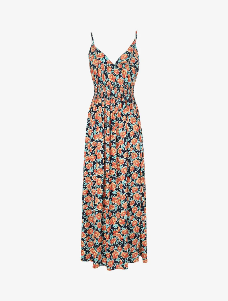 Robe longue empire imprimé fleurs tropicales à bretelles à perles - Marine
