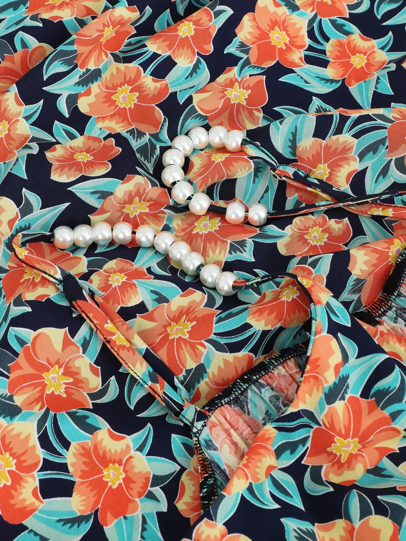 Robe longue empire imprimé fleurs tropicales à bretelles à perles - Marine
