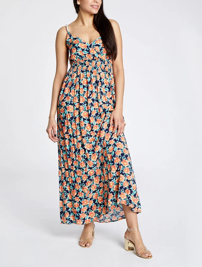 Robe longue empire imprimé fleurs tropicales à bretelles à perles - Marine