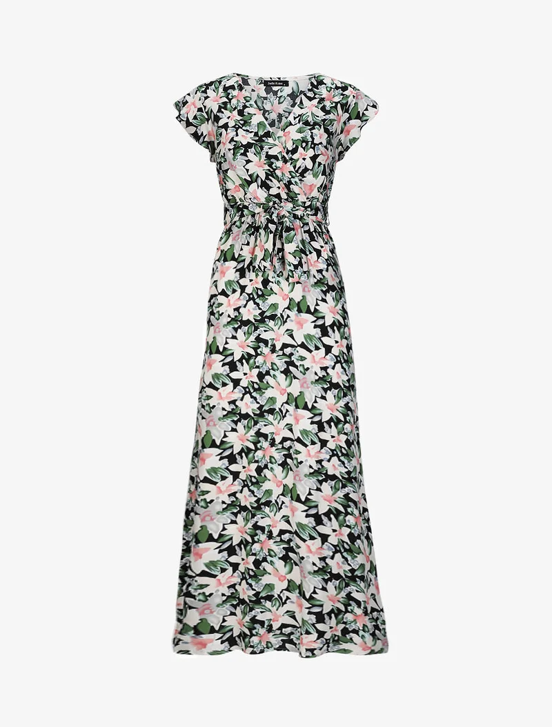 Robe longue empire à épaules volantées imprimé aquarelle florale - Noir