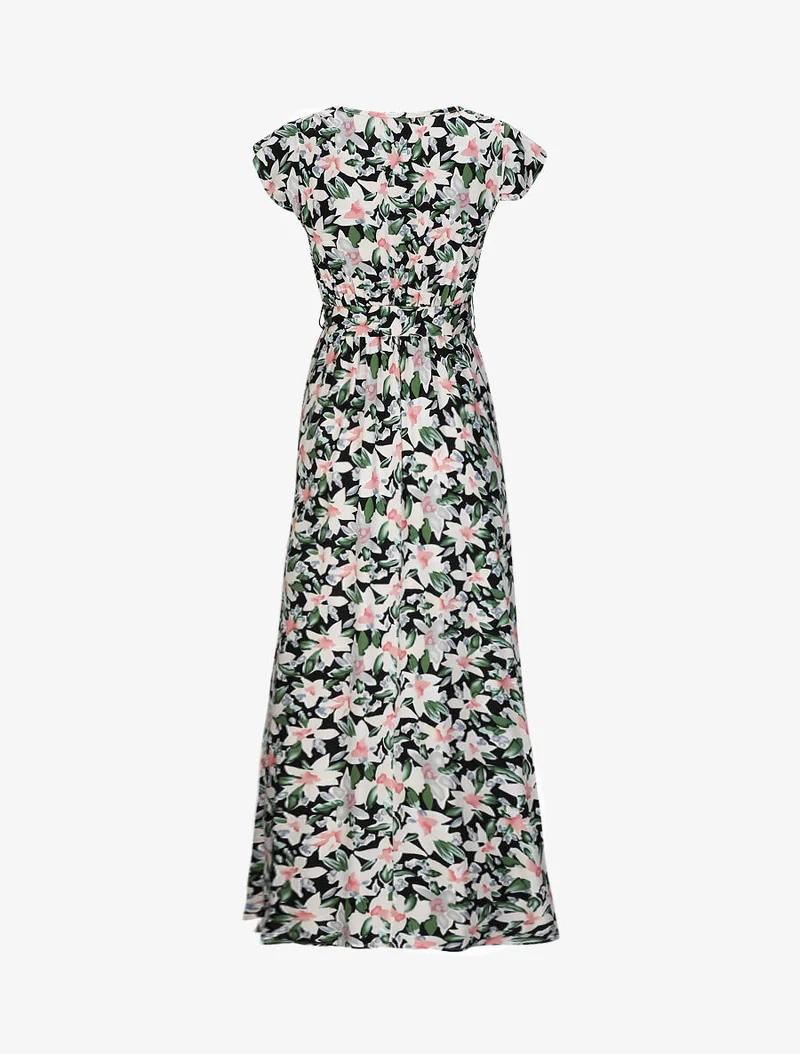 Robe longue empire à épaules volantées imprimé aquarelle florale - Noir