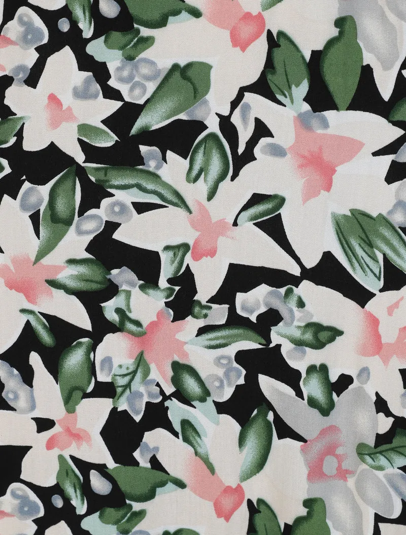 Robe longue empire à épaules volantées imprimé aquarelle florale - Noir