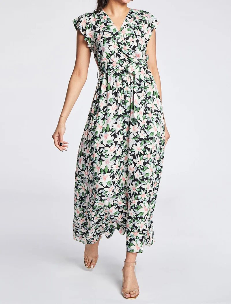 Robe longue empire à épaules volantées imprimé aquarelle florale - Noir