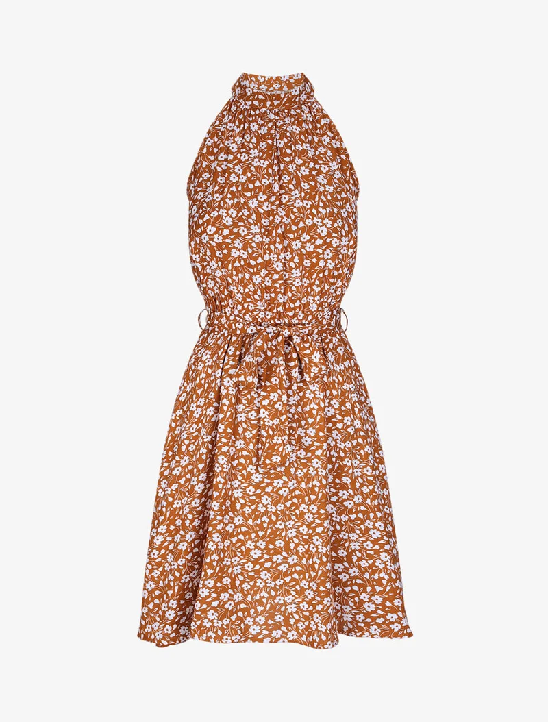 Robe cintrée imprimé petites fleurs à col américain - Camel