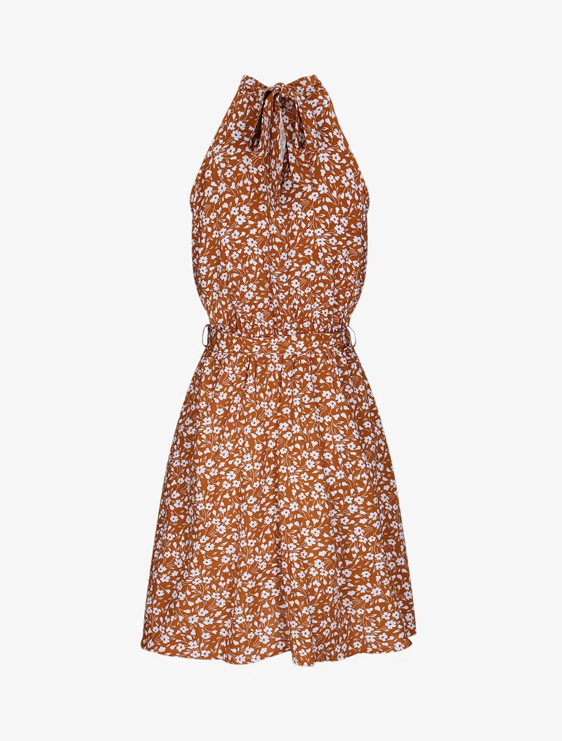 Robe cintrée imprimé petites fleurs à col américain - Camel