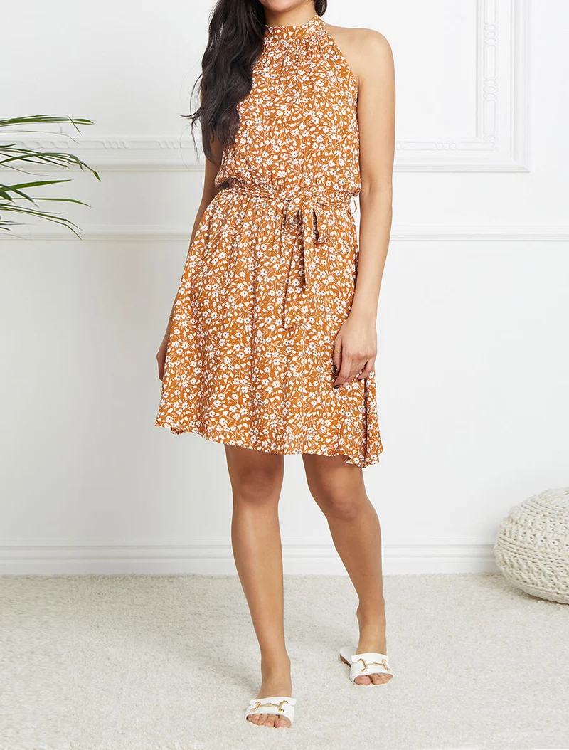 Robe cintrée imprimé petites fleurs à col américain - Camel