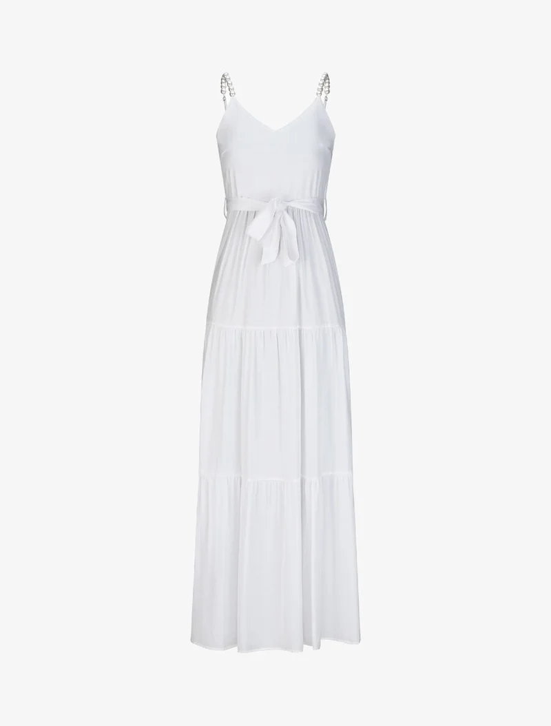 Robe longue empire unie à bretelles à perles - Blanc