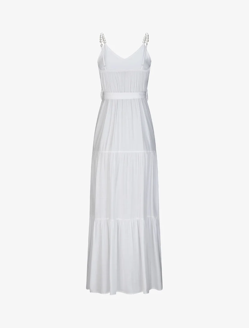 Robe longue empire unie à bretelles à perles - Blanc