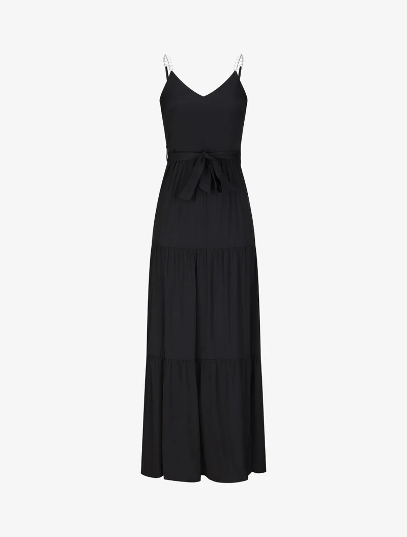 Robe longue empire unie à bretelles à perles - Noir