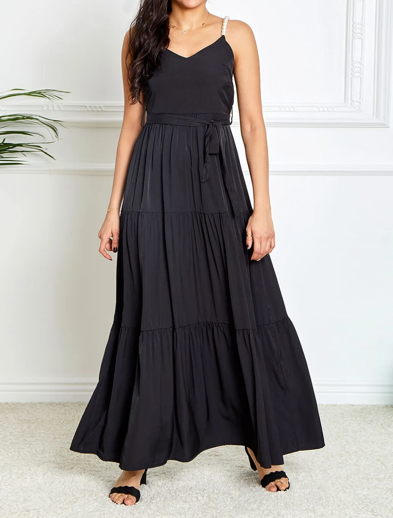 Robe longue empire unie à bretelles à perles - Noir