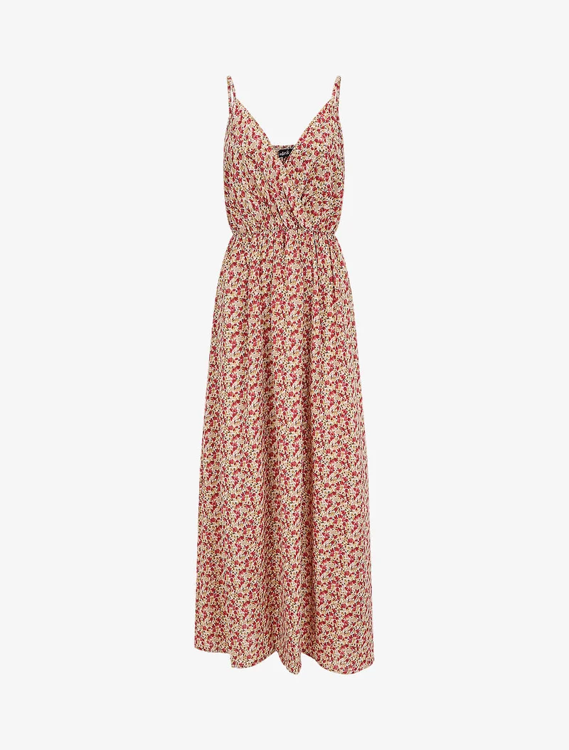 Robe longue empire imprimé fleuri à fines bretelles - Beige
