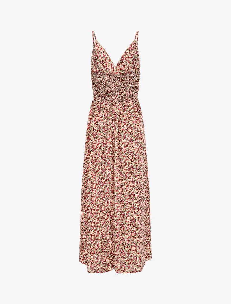 Robe longue empire imprimé fleuri à fines bretelles - Beige