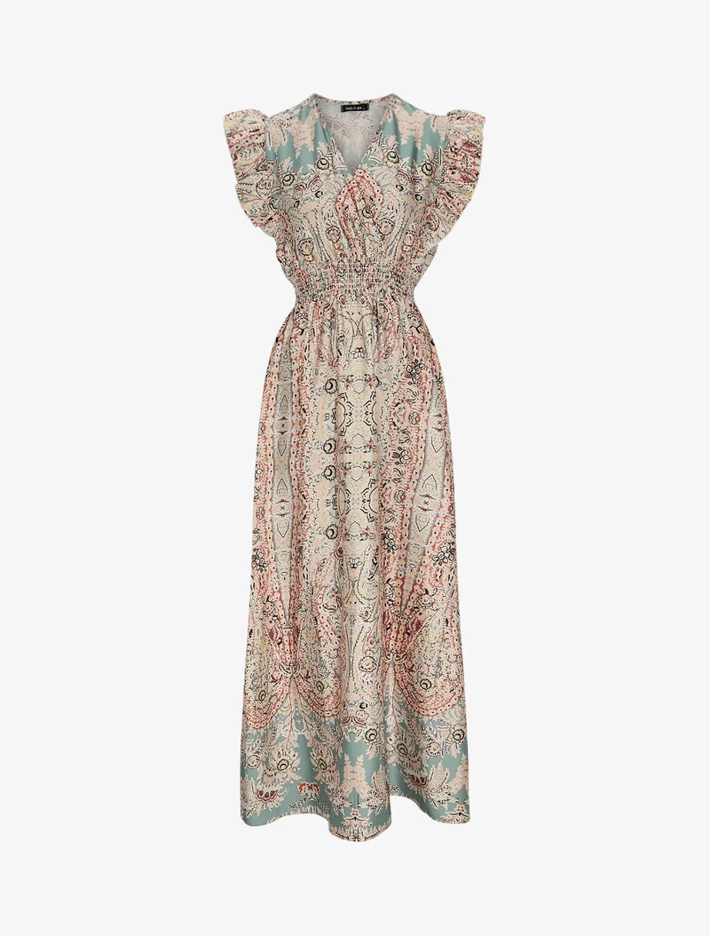 Robe longue empire satinée imprimé cachemire stylisé - Vert d'eau