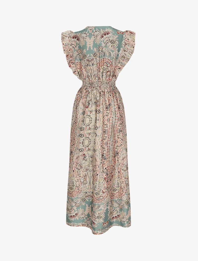 Robe longue empire satinée imprimé cachemire stylisé - Vert d'eau