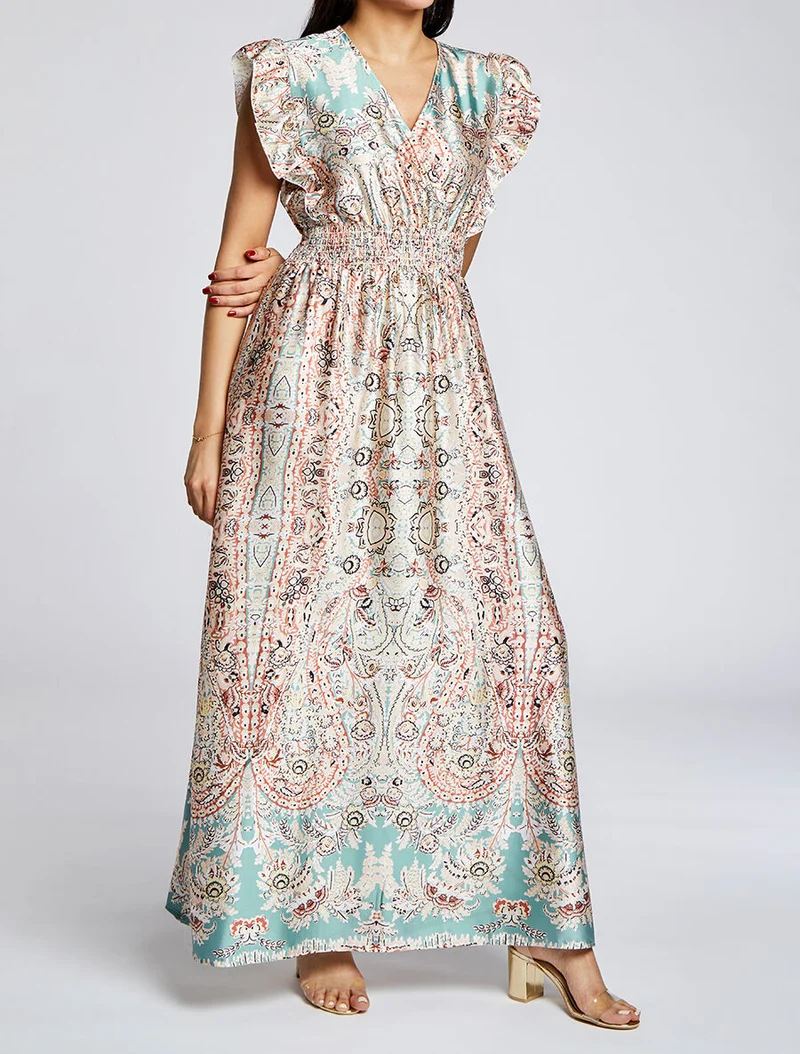Robe longue empire satinée imprimé cachemire stylisé - Vert d'eau