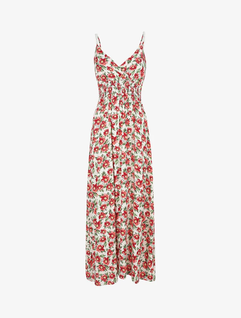 Robe longue empire imprimé fleurs tropicales à bretelles à perles - Blanc