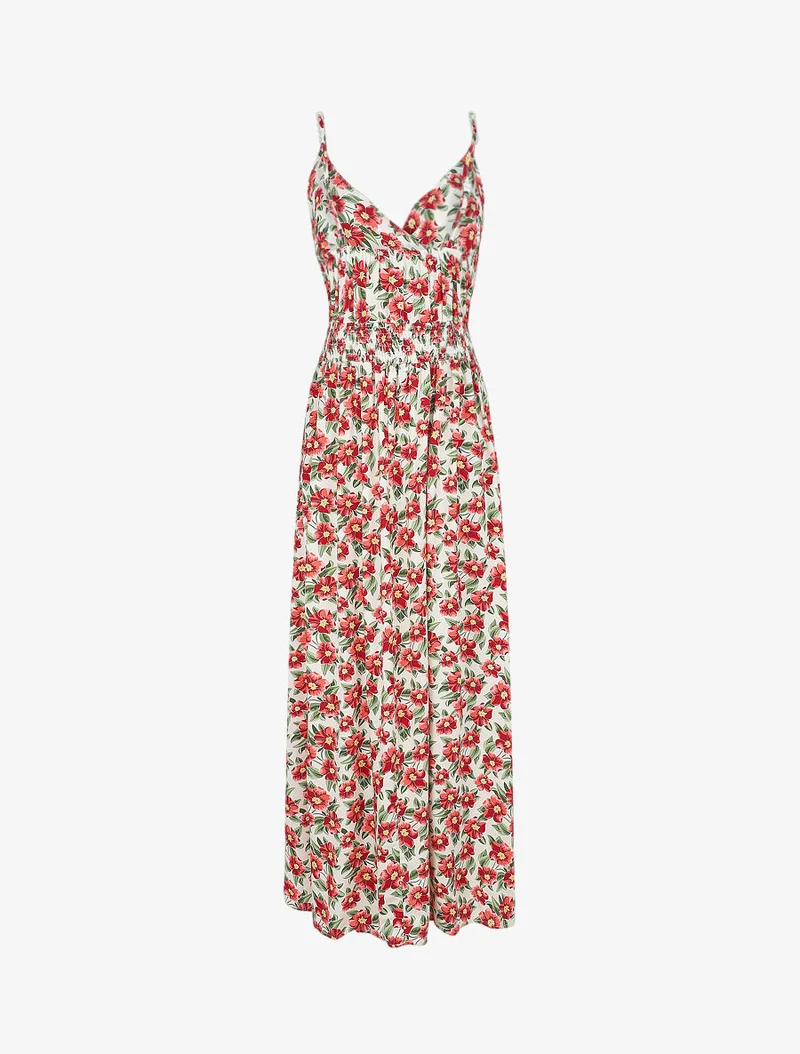 Robe longue empire imprimé fleurs tropicales à bretelles à perles - Blanc