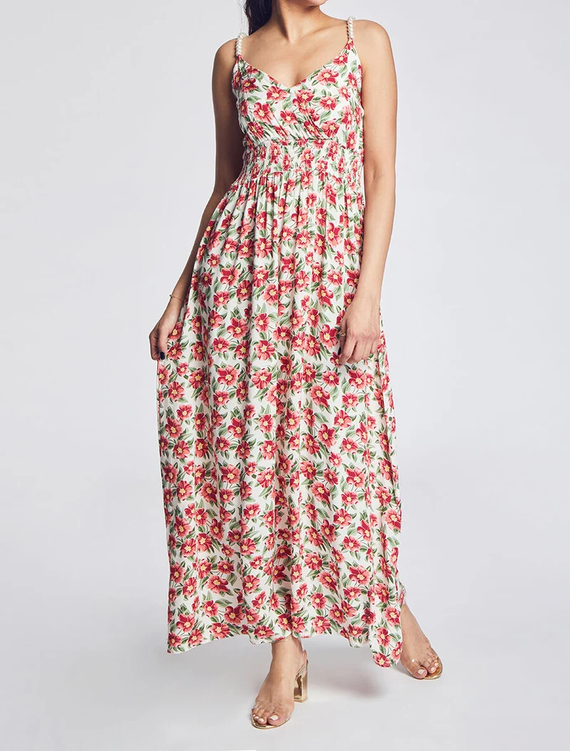 Robe longue empire imprimé fleurs tropicales à bretelles à perles - Blanc