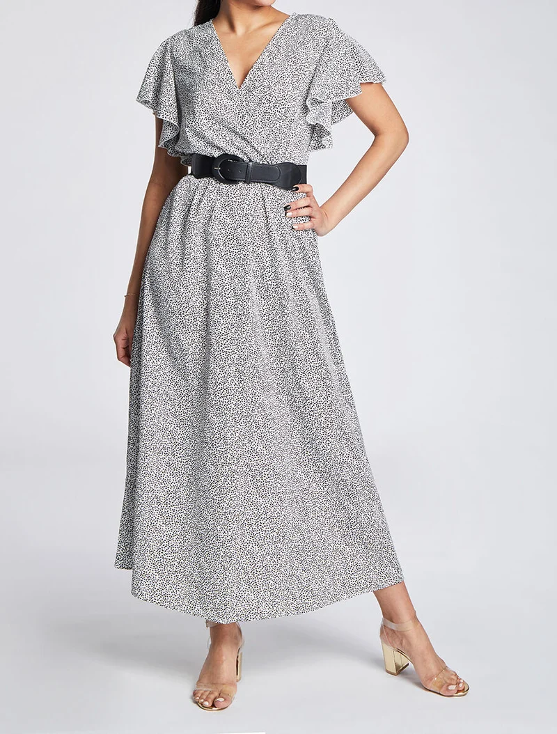 Robe longue empire imprimé fleurs à manches volantées - Blanc