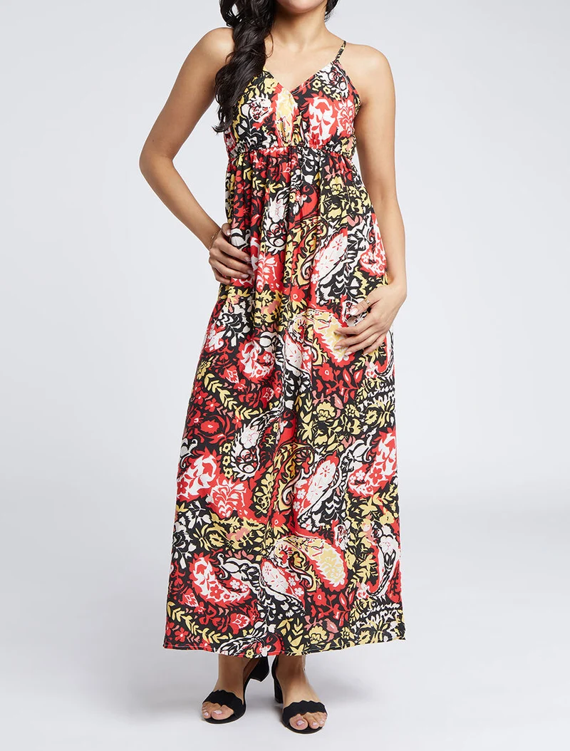 Robe longue imprimé foulard - Noir/rouge