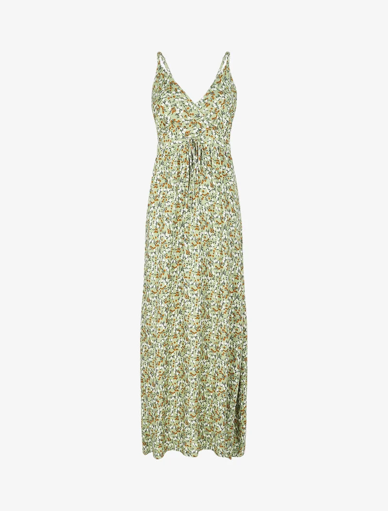 Robe longue cintrée imprimée petites fleurs printanières - Kaki