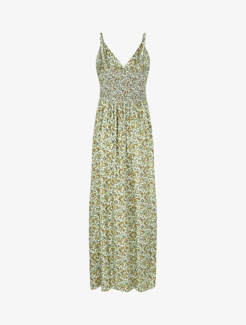 Robe longue cintrée imprimée petites fleurs printanières - Kaki