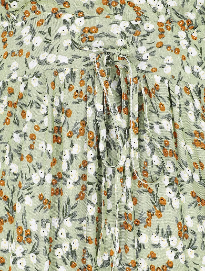 Robe longue cintrée imprimée petites fleurs printanières - Kaki