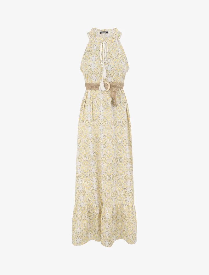 Robe longue évasée imprimé faïence fleurie - Jaune