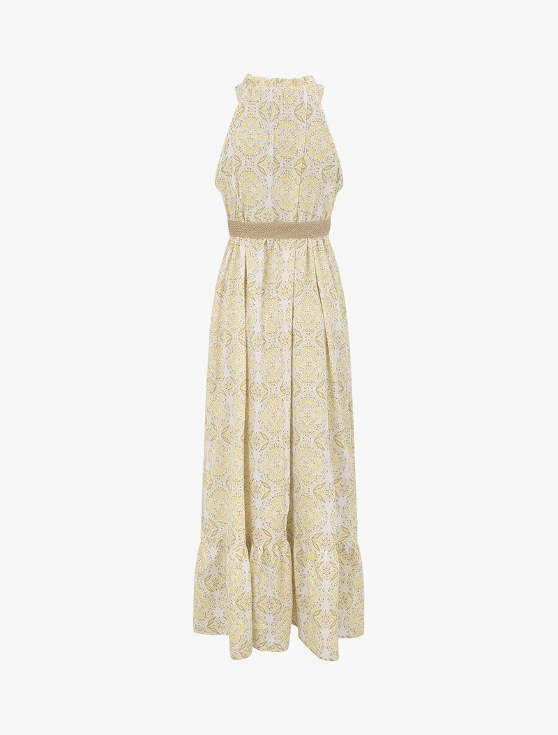 Robe longue évasée imprimé faïence fleurie - Jaune