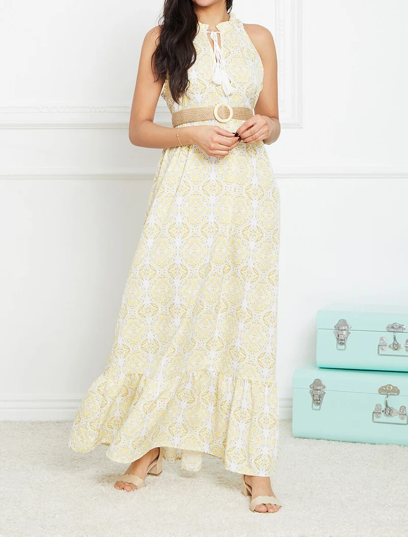 Robe longue évasée imprimé faïence fleurie - Jaune
