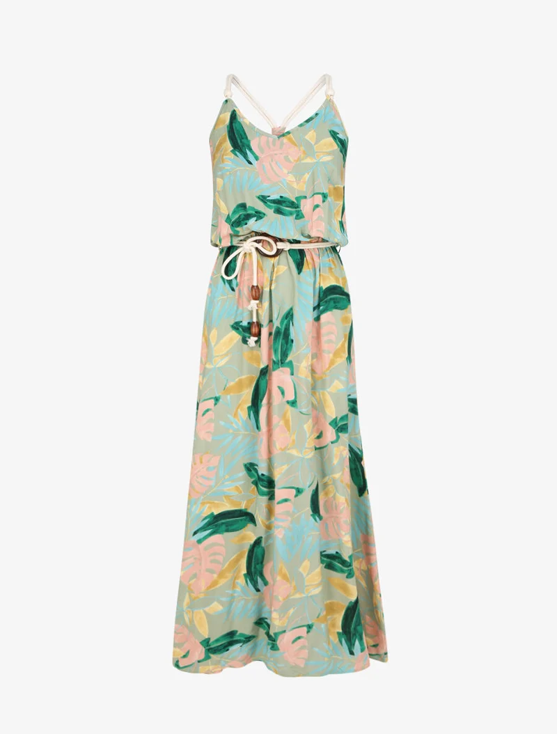 Robe longue imprimé feuilles tropicales à bretelles en cordelettes - Vert anis