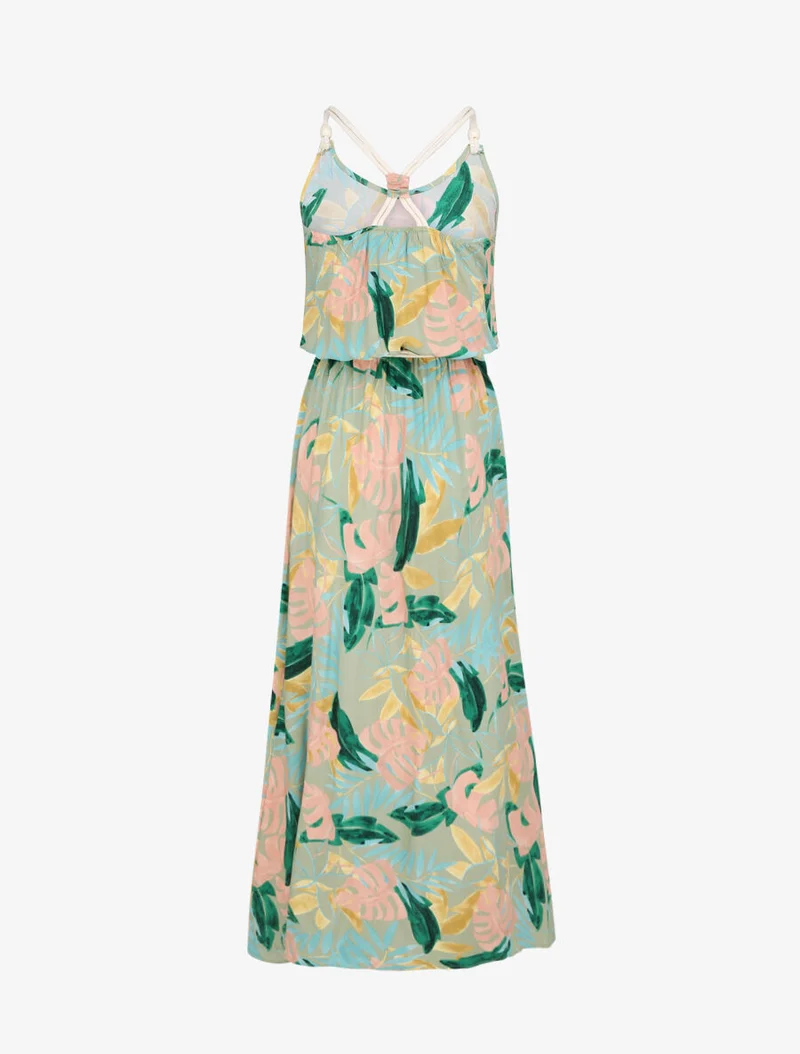 Robe longue imprimé feuilles tropicales à bretelles en cordelettes - Vert anis
