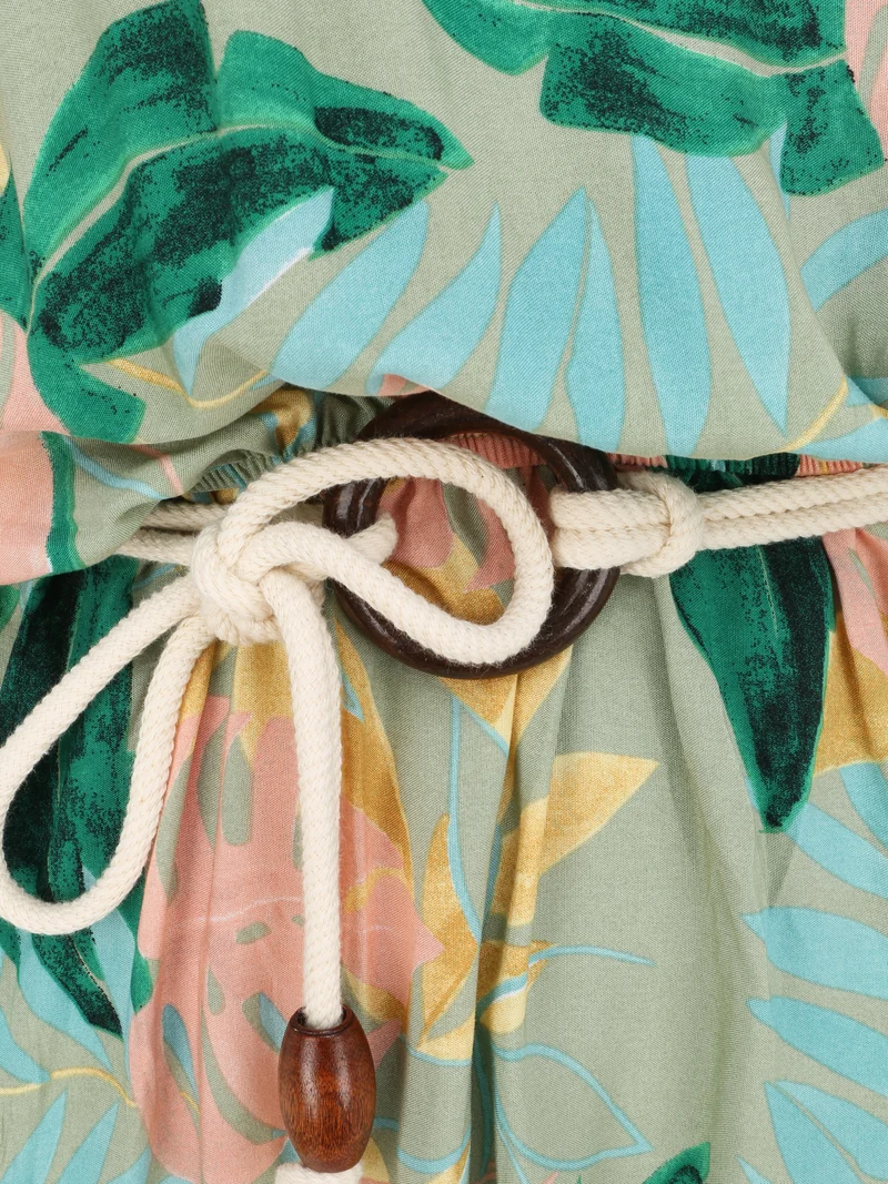 Robe longue imprimé feuilles tropicales à bretelles en cordelettes - Vert anis
