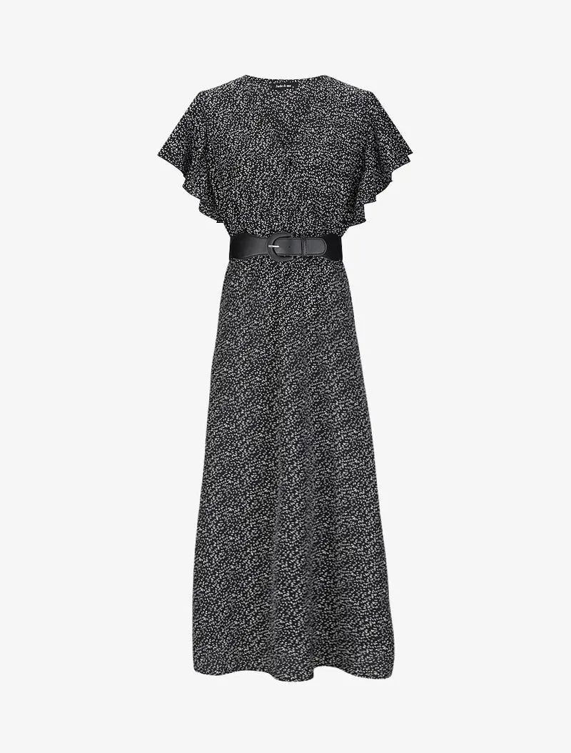 Robe longue empire imprimé fleurs à manches volantées - Noir