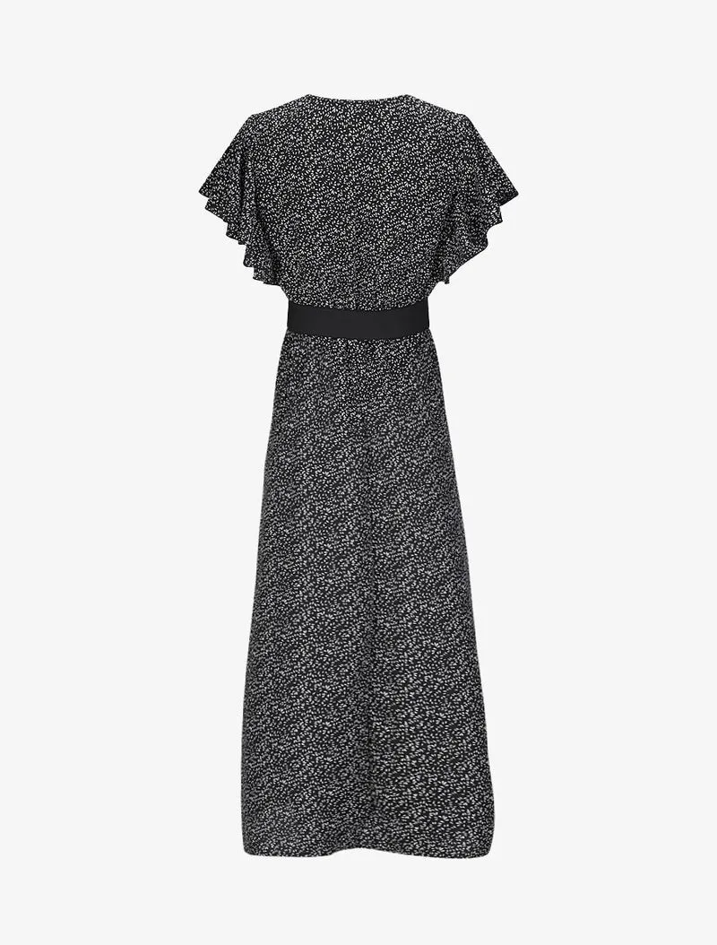 Robe longue empire imprimé fleurs à manches volantées - Noir