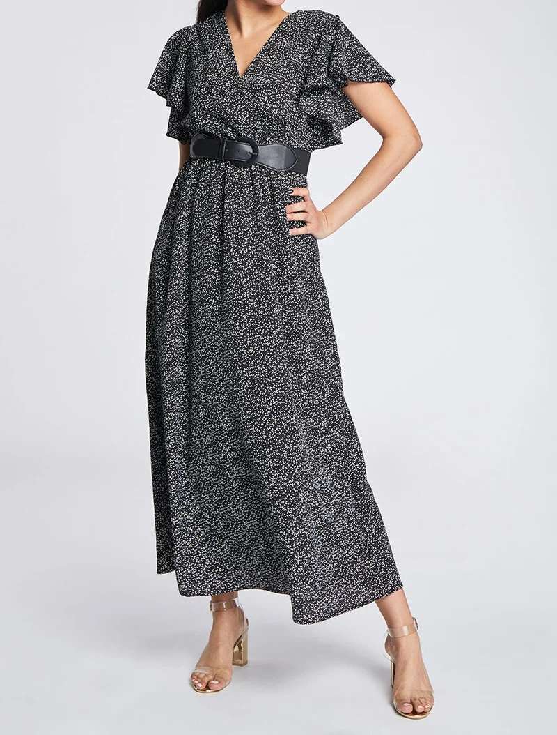 Robe longue empire imprimé fleurs à manches volantées - Noir