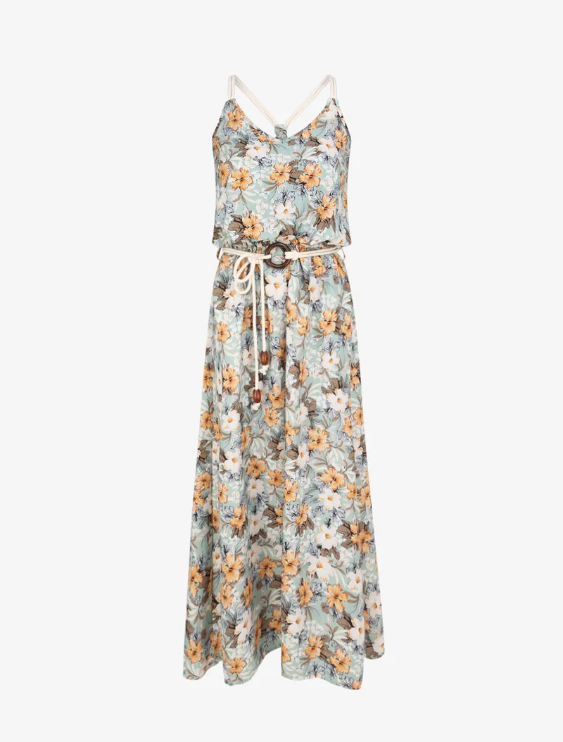 Robe longue imprimé floral à bretelles en cordelettes - Vert d'eau