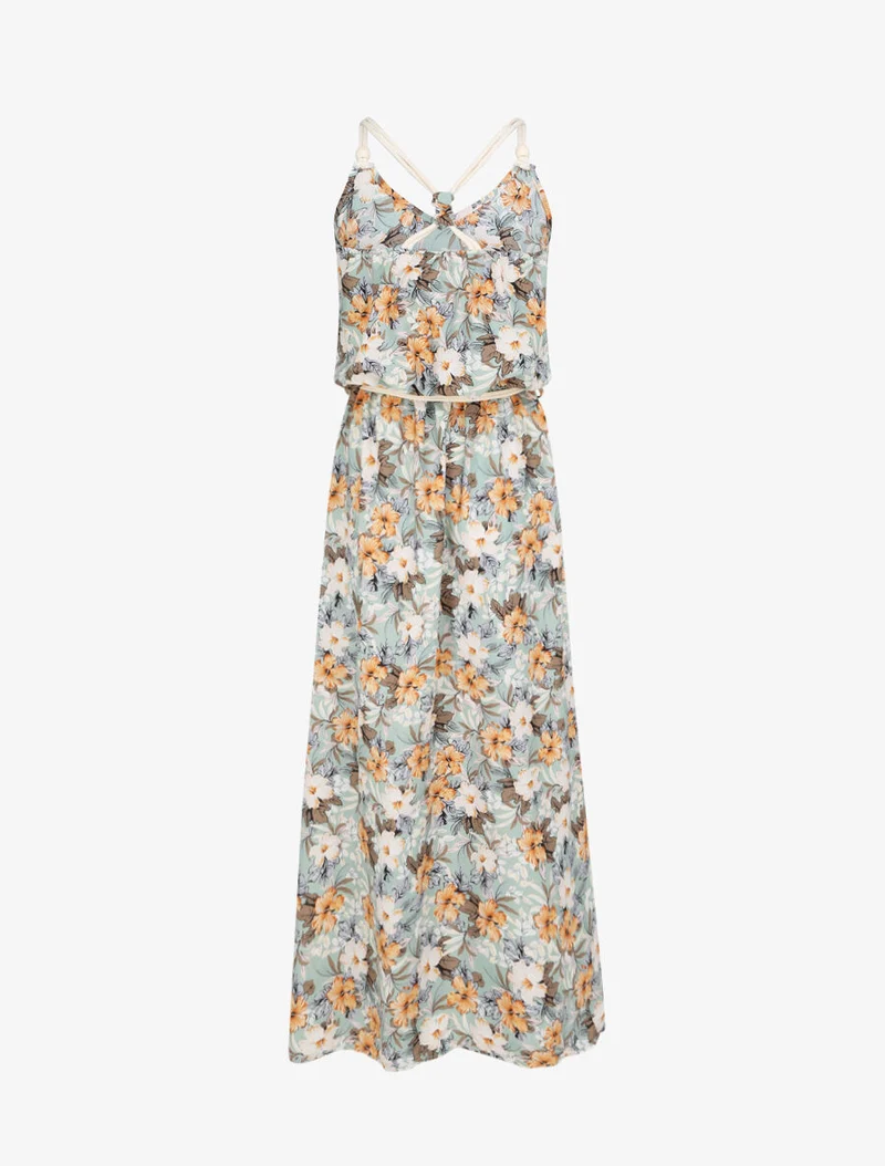 Robe longue imprimé floral à bretelles en cordelettes - Vert d'eau
