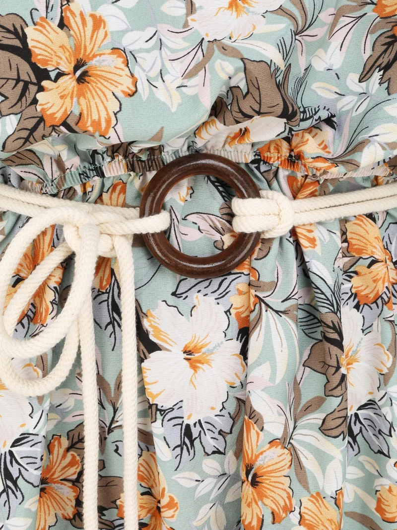 Robe longue imprimé floral à bretelles en cordelettes - Vert d'eau