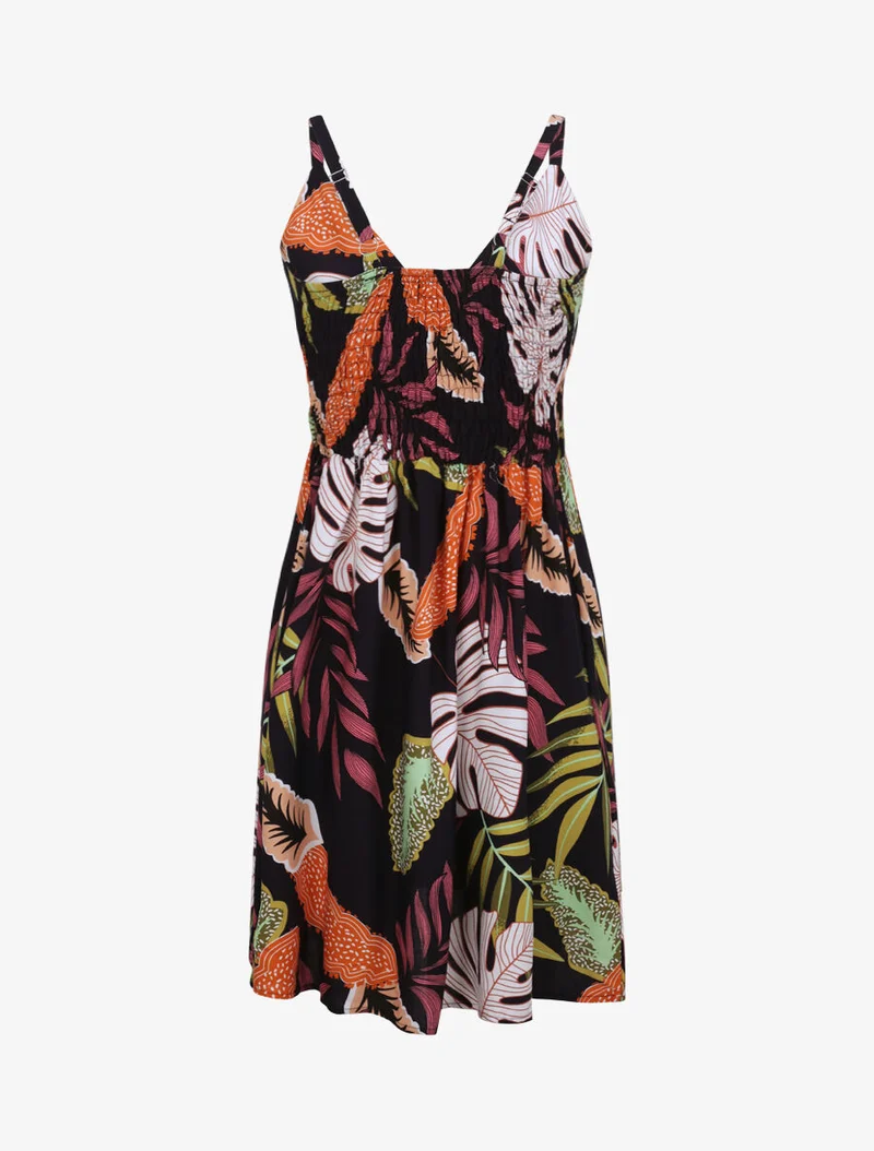 Robe patineuse imprimé feuilles exotiques - Marine