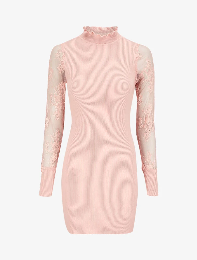 Robe pull côtelée à col volanté et manches en dentelle - Rose poudré