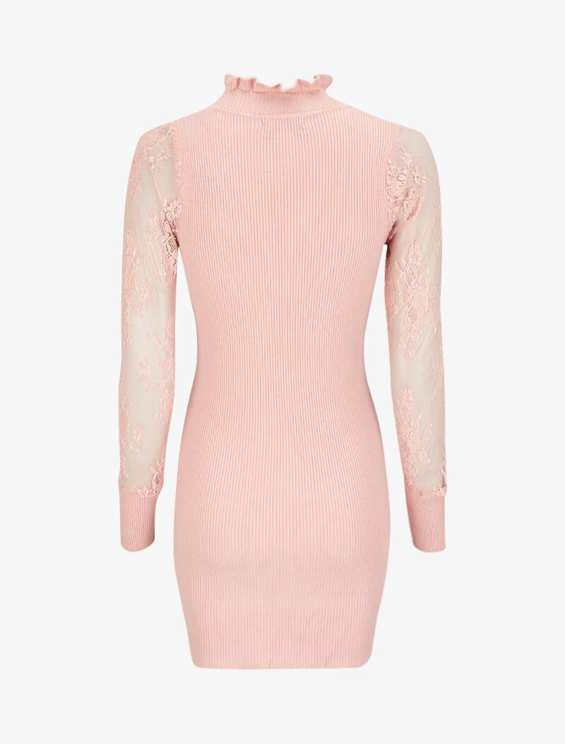 Robe pull côtelée à col volanté et manches en dentelle - Rose poudré