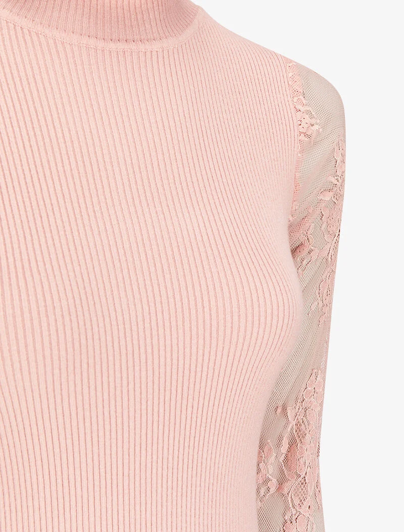 Robe pull côtelée à col volanté et manches en dentelle - Rose poudré