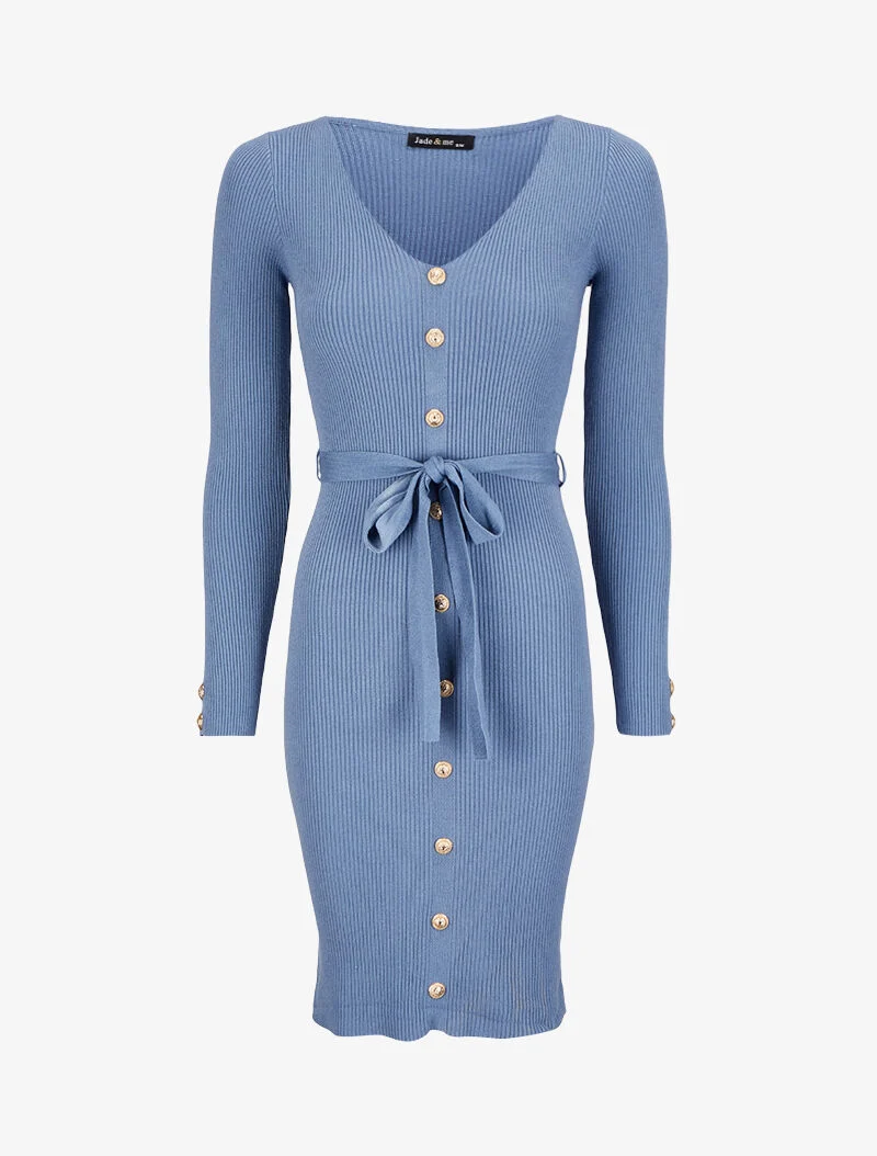 Robe pull mi-longue et côtelée à boutons décoratifs - Bleu