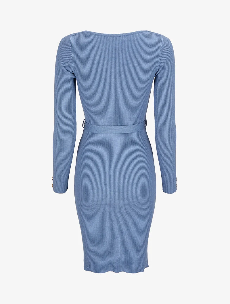 Robe pull mi-longue et côtelée à boutons décoratifs - Bleu